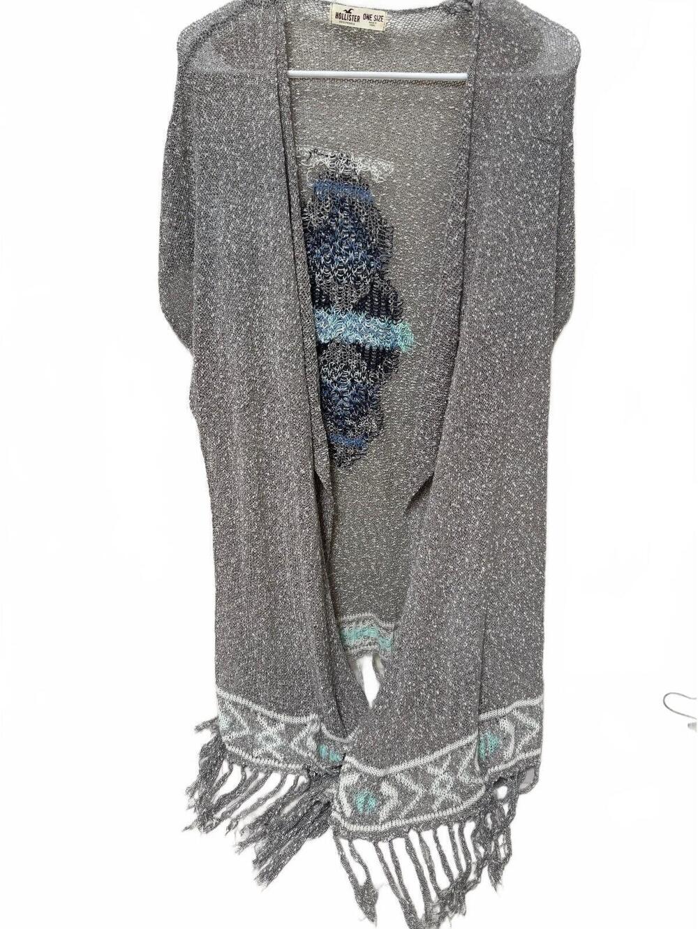 Hollister Open Front Knit Kimono Cardigan Gray Southwest Geometric Back Fringe